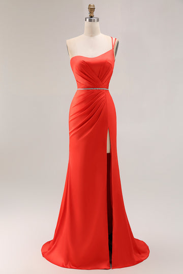 One Shoulder Orange Mermaid Beaded Long Prom Dress With Slit